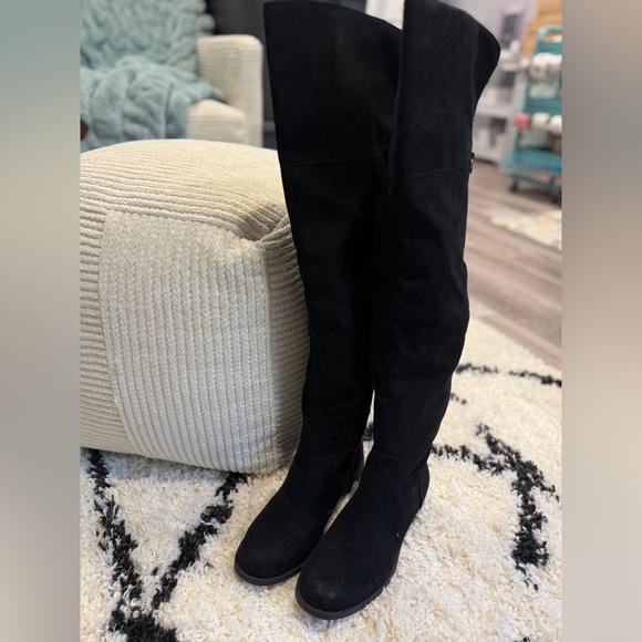 Sun + Stone Black Over The Knee Boots Size 8 Tall Faux Suede Flat Riding Boots - Picture 2 of 10